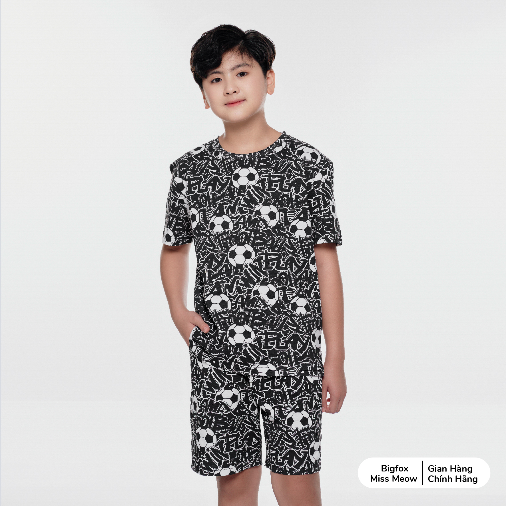 Bộ cộc tay bé trai size đại Bigfox Miss Meow chất cotton in bóng đá cỡ 12,13,14,15 tuổi 40kg 50kg