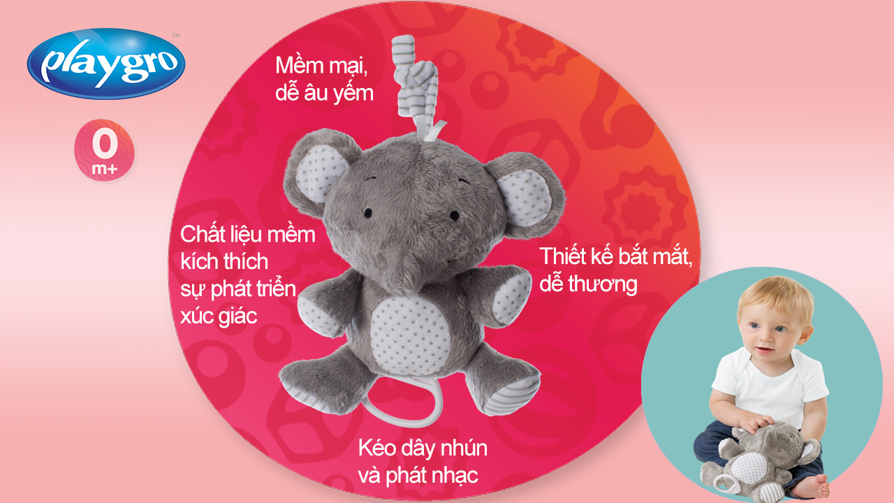 Thú bông voi con kéo dây phát nhạc Playgro Home Musical Pullstring Elephant, cho bé sơ sinh đến 36 tháng