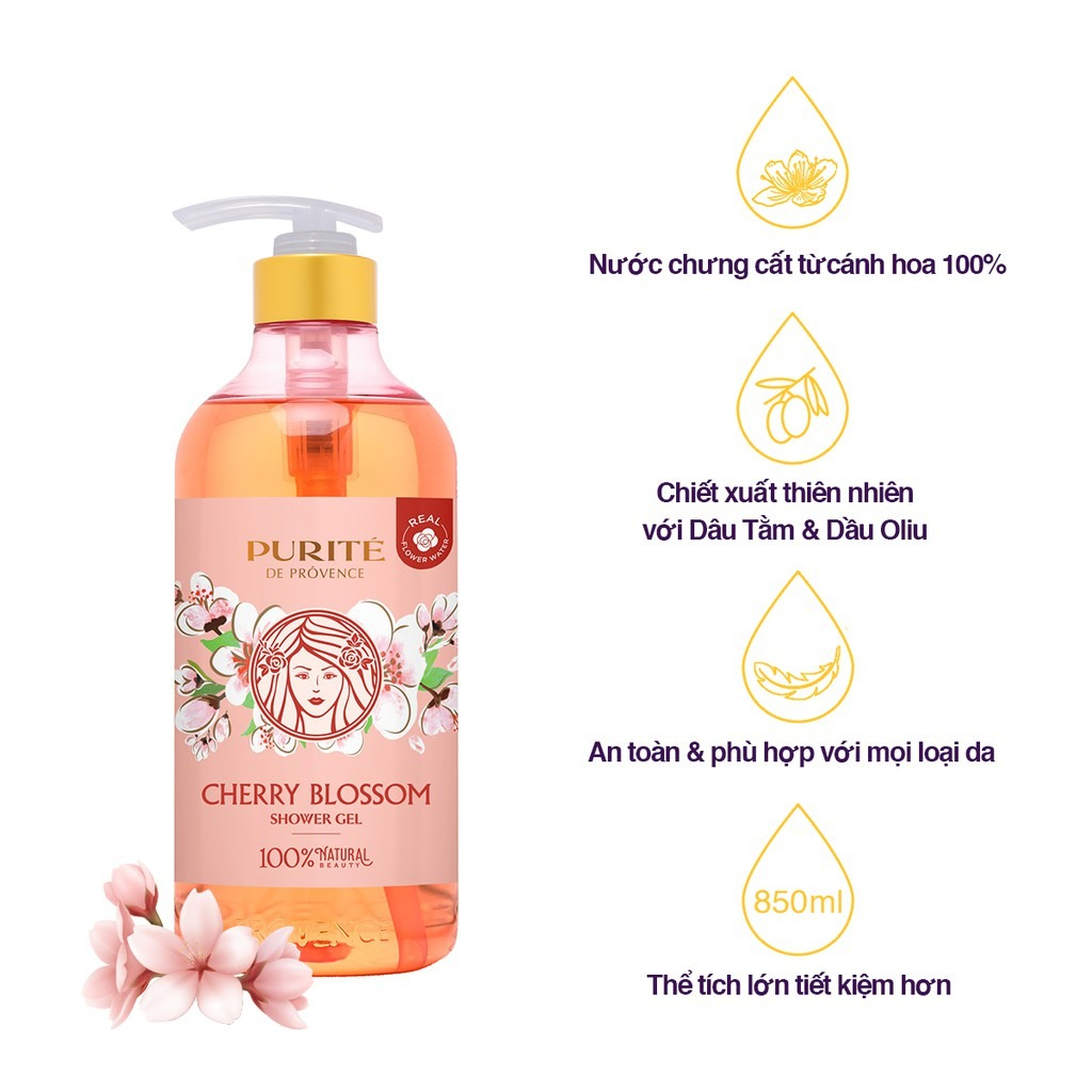 Combo Sữa Tắm Thiên Nhiên Mềm Mịn Hoa Hồng Purité 850ml/chai + Sáng Mịn Hoa Anh Đào 850ml/chai
