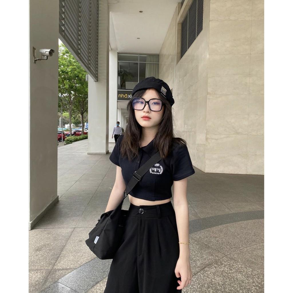 Áo Croptop Nữ Cổ Trụ Thêu HOJI Dáng Ôm Ulzzang (Đen/Trắng) - D10