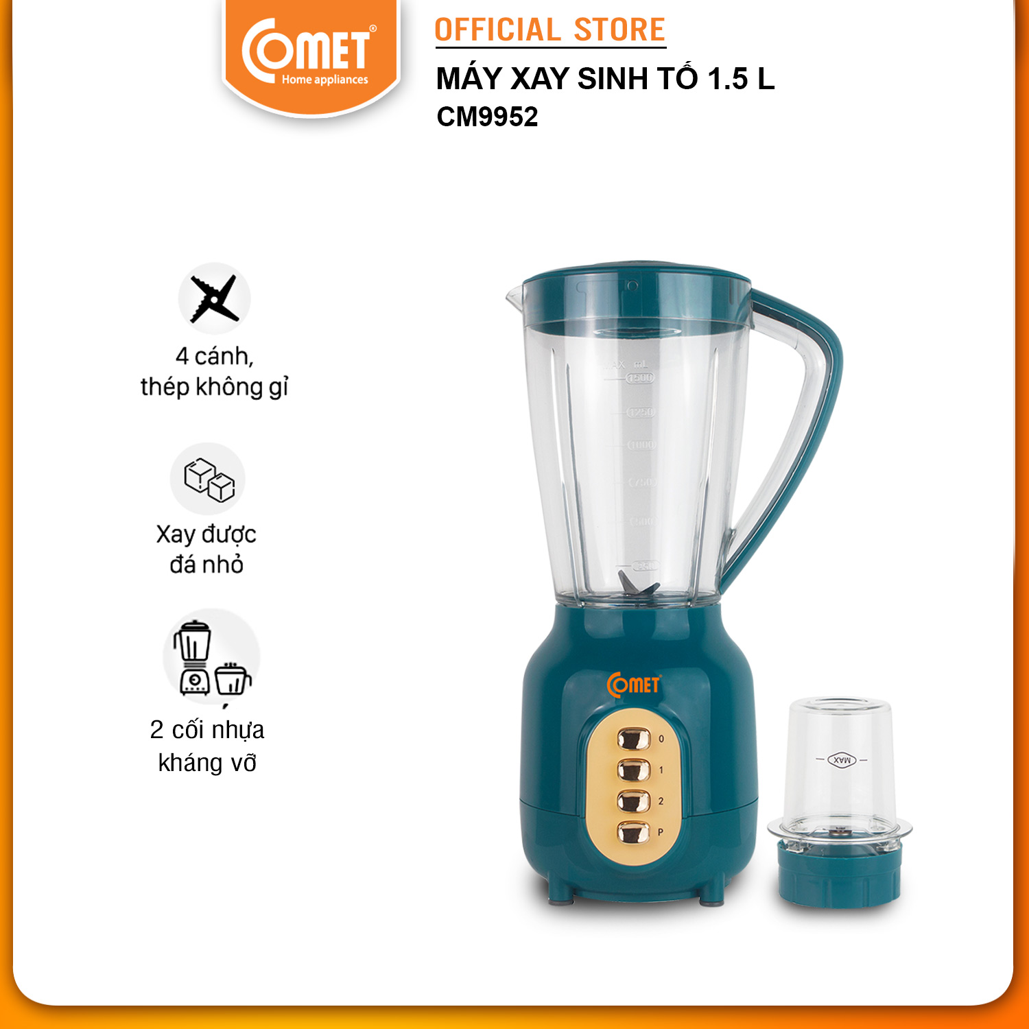 Máy xay sinh tố cối nhựa kháng vỡ 450W COMET - CM9952 - Hàng Chính Hãng