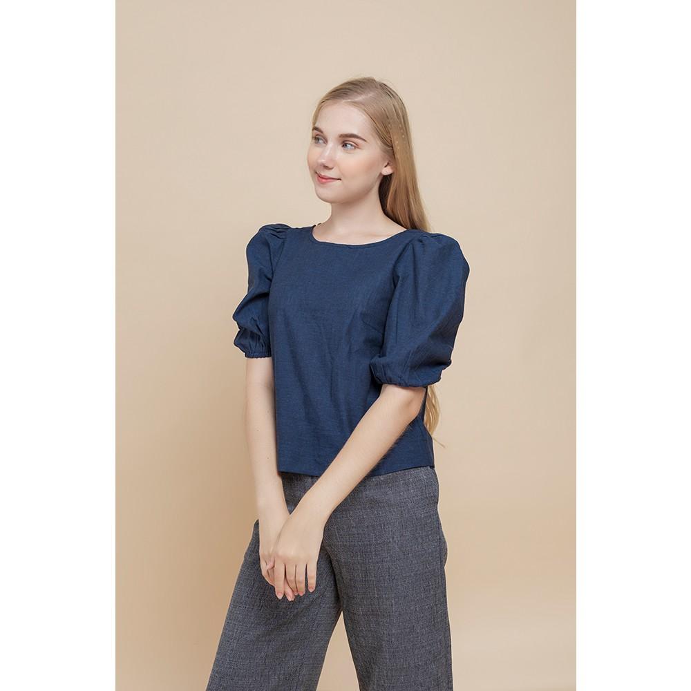 Áo nữ kiểu Callia Puff top Blue cổ tròn tay bồng
