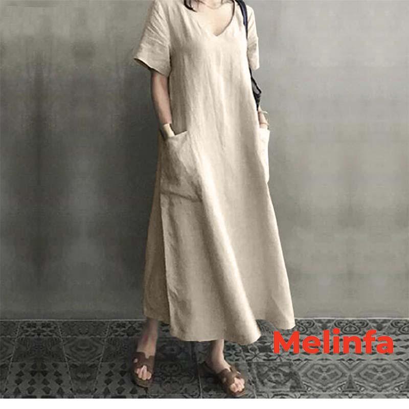 Váy đầm nữ suông chữ A cổ V trẻ trung dáng dài vải Cotton Linen tự nhiên mã VAV0326