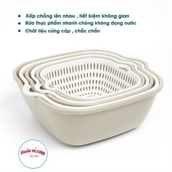 Bộ rổ vuông 2 lớp Việt Nhật (MS:3288/3289/3290) - Bộ rổ kèm chậu hứng nước rửa rau củ đựng hoa quả trái cây Br 01542