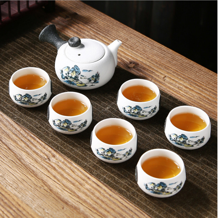 Bộ bình trà 6 tách Tĩnh Tâm chất liệu bột đá và men tráng sứ F90+ Tặng 2 muỗng trà inox 304 màu vàng nguyên khối