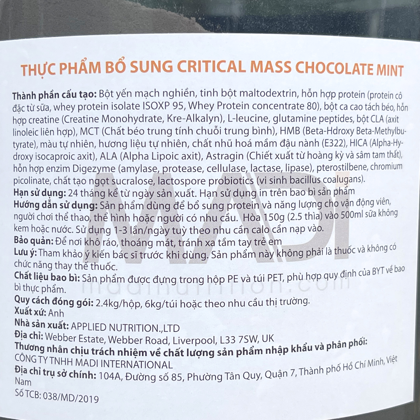 Sữa tăng cân tăng cơ nạc Critical Mass của APPLIED NUTRITION hương Socola Bạc Hà hộp 2.4kg hỗ trợ tăng cân, tăng cơ nhanh cho người gầy kén ăn