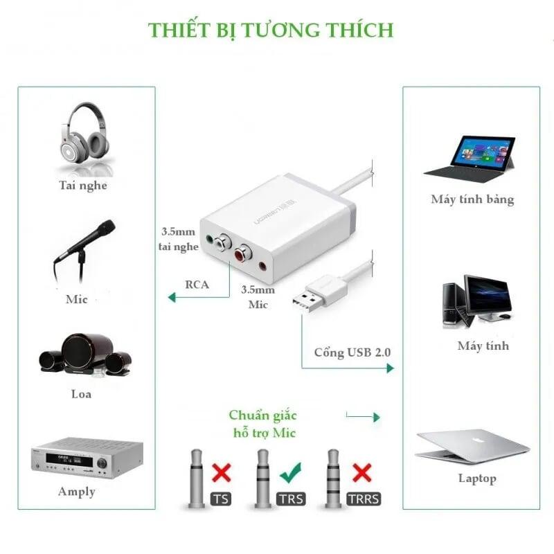 Ugreen UG3052130521TK 1M màu Trắng Bộ chuyển USB 2.0 sang 2 đầu bông sen + Loa + MIC - HÀNG CHÍNH HÃNG