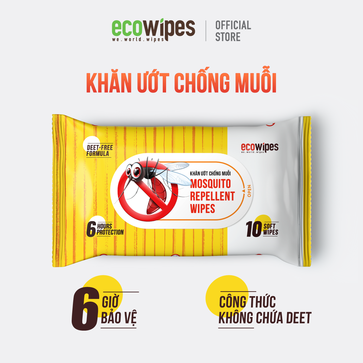 Khăn ướt chống muỗi Ecowipes gói 10 tờ Mosquito Repellent Wipes giúp làm sạch vết mẩn ngứa vừa chống muỗi đốt lên đến 6h an toàn cho làn da nhạy cảm của trẻ