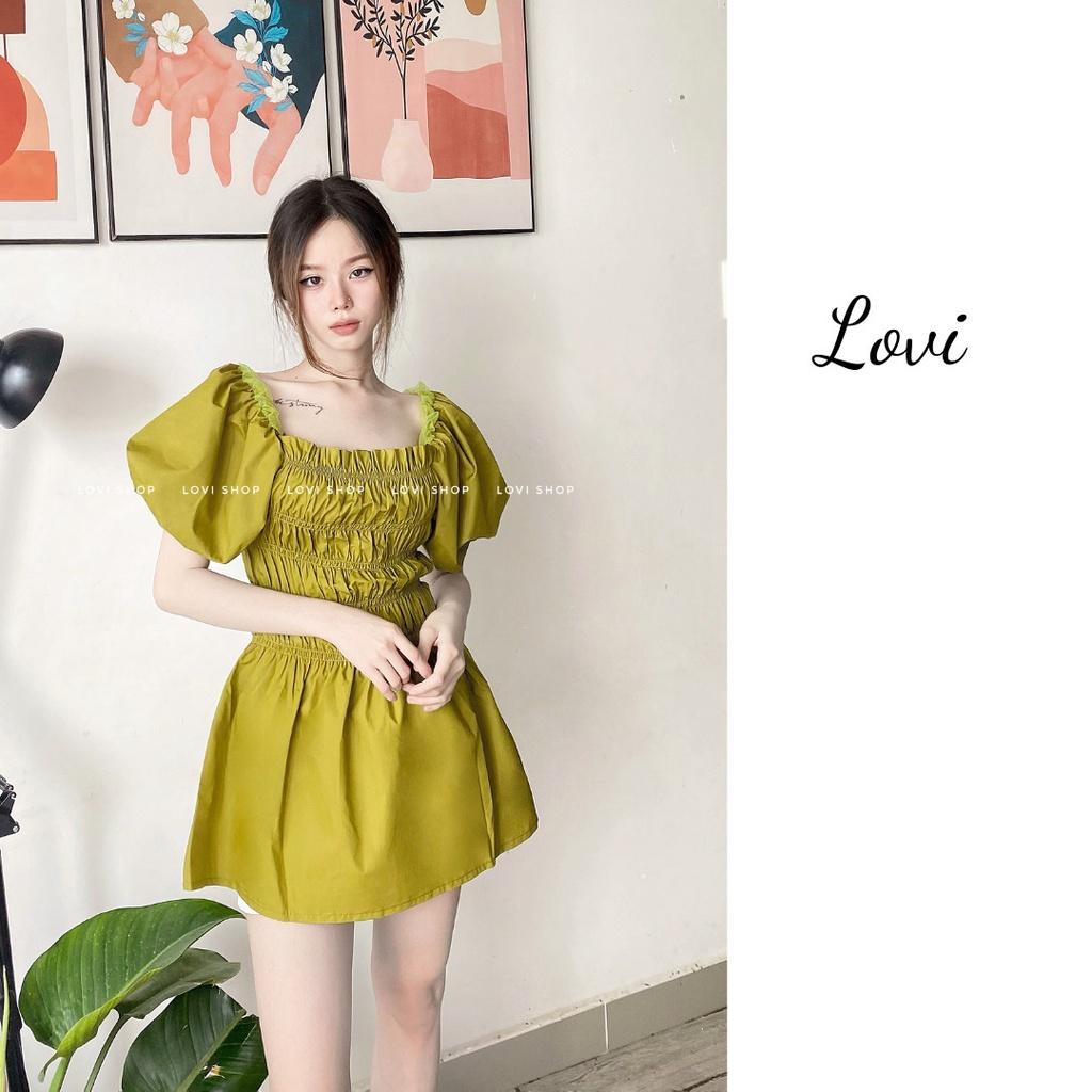 Áo kiểu nữ ngắn tay nhún ngực bẹt vai tay phồng cổ vuông LOVI