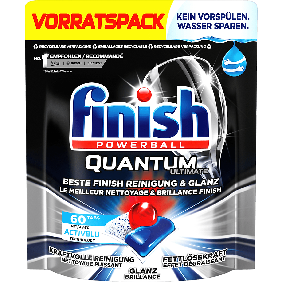 Viên Rửa Chén Bát Finish Quantum Ultimate Túi 60 Viên,  Nhập Đức Chính Hãng