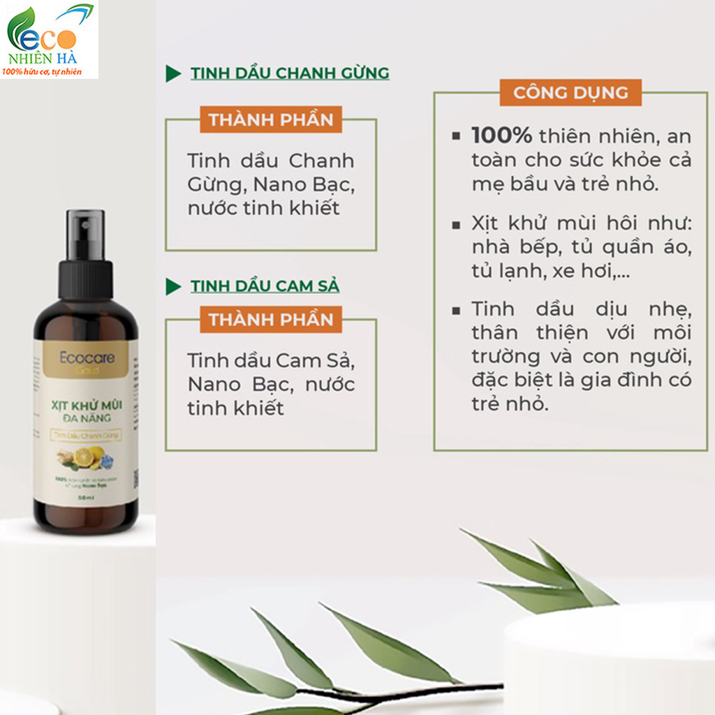 Xịt khử mùi đa năng ECOCARE 50ml tinh dầu thiên nhiên Nano bạc, khử mùi nhà bếp tủ quần áo