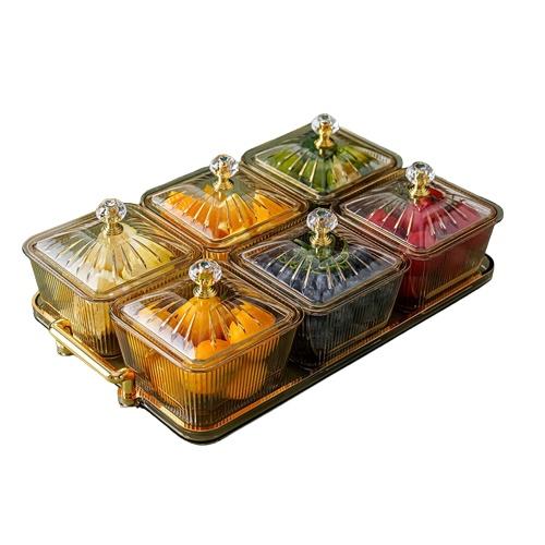 Khay Đựng Bánh Kẹo Bằng Nhựa Mica Cao Cấp Đựng Hoa Quả Mứt Tết 6 Ngăn Có Nắp Đậy