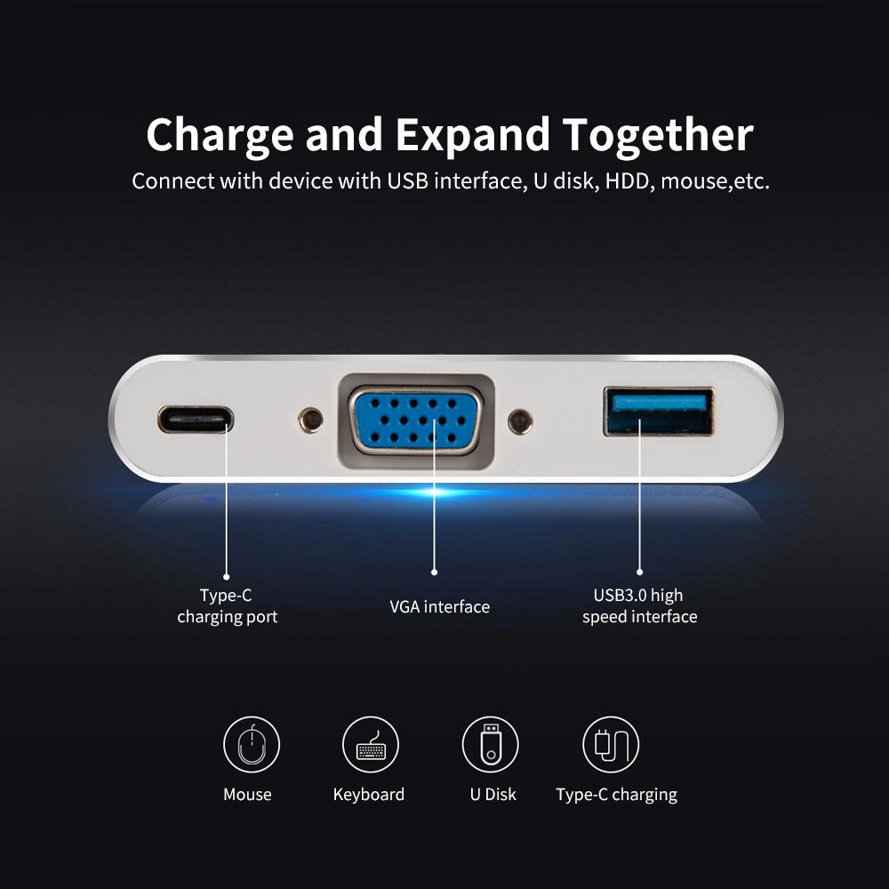 Bộ chuyển đổi Hugeke 3 in 1 Type-C Hub USB C to USB3.0 / VGA / Type-C 1080P thay thế cho Mac / Huawei / Samsung