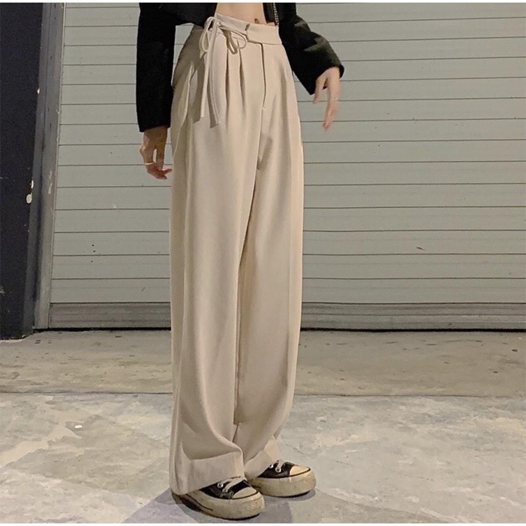 Quần ống rộng ulzzang thắt dây 1 bên siêu hot, quần tây lưng cao Okélla