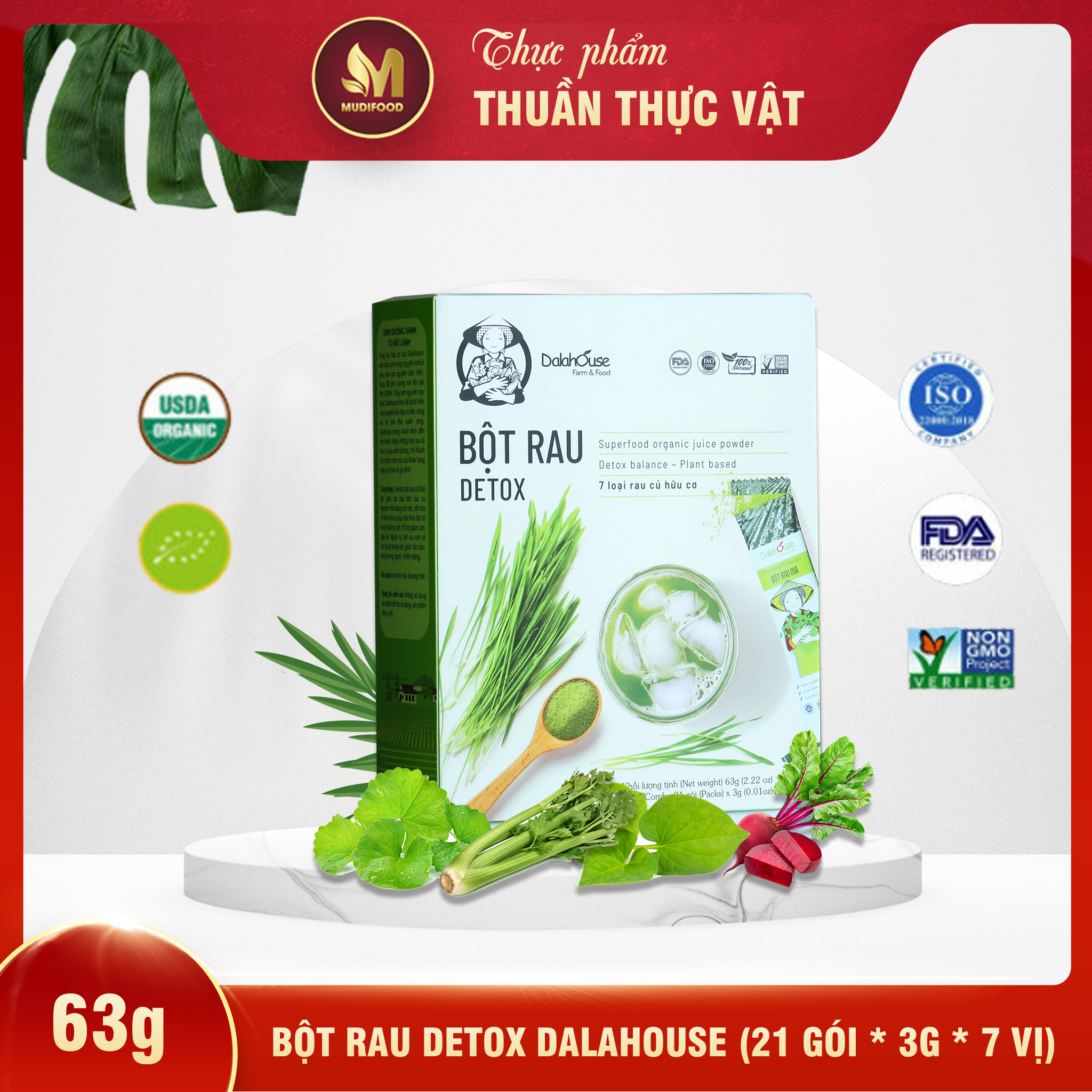 Bột Rau Detox Dalahouse 63g (21 gói 3g, 7 vị) - Loại Bỏ Độc Tố, Phòng Ngừa Táo Bón, Hỗ Trợ Tiêu Hóa Tốt, Tăng Cường Sức Đề Kháng, Tạo Năng Lượng Hoạt Động, Bổ Sung Nhiều Chất Xơ Từ Rau Xanh, Đẹp Da, Giữ Dáng