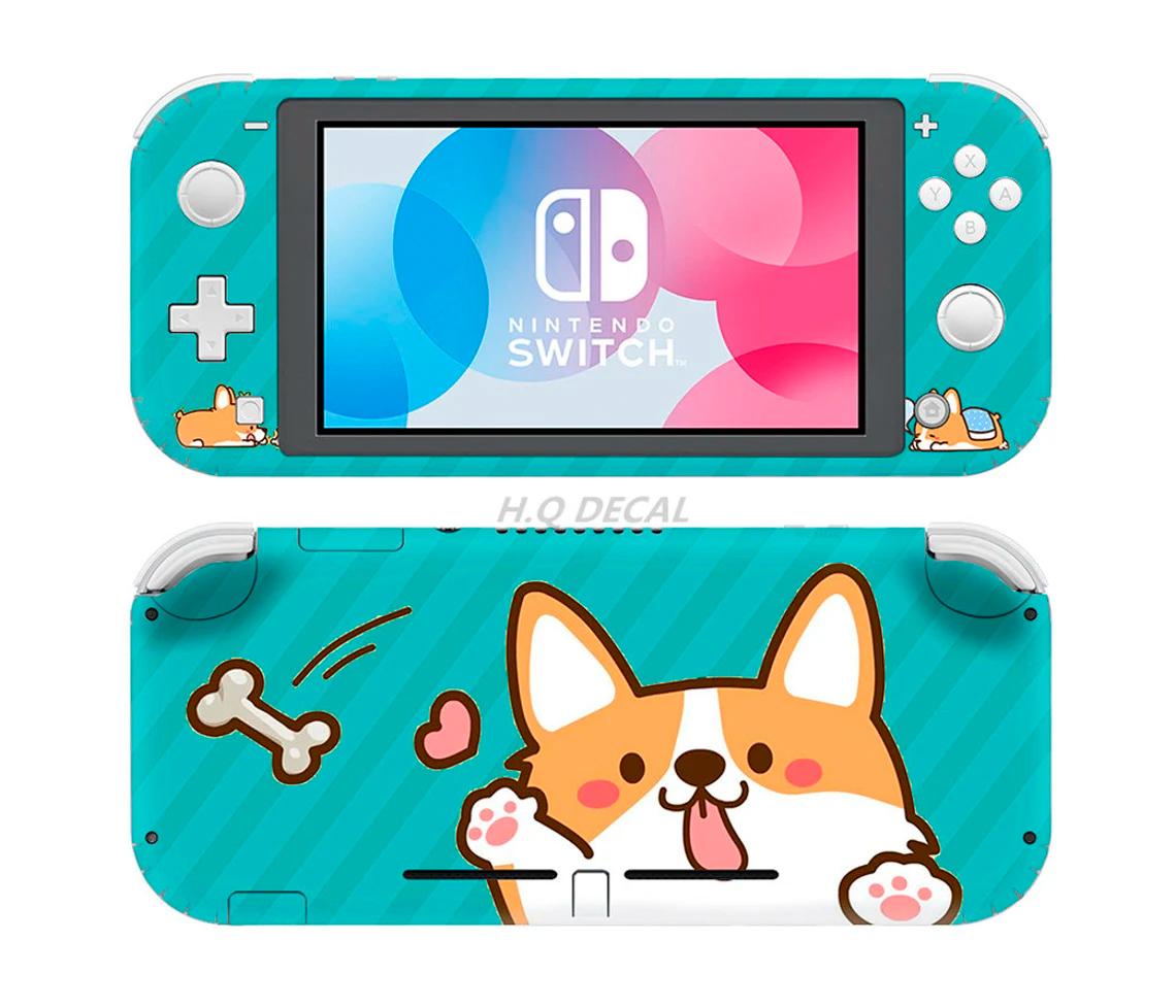 Skin decal dán Nintendo Switch Lite mẫu Corgi Hello nền xanh (dễ dán, đã cắt sẵn)