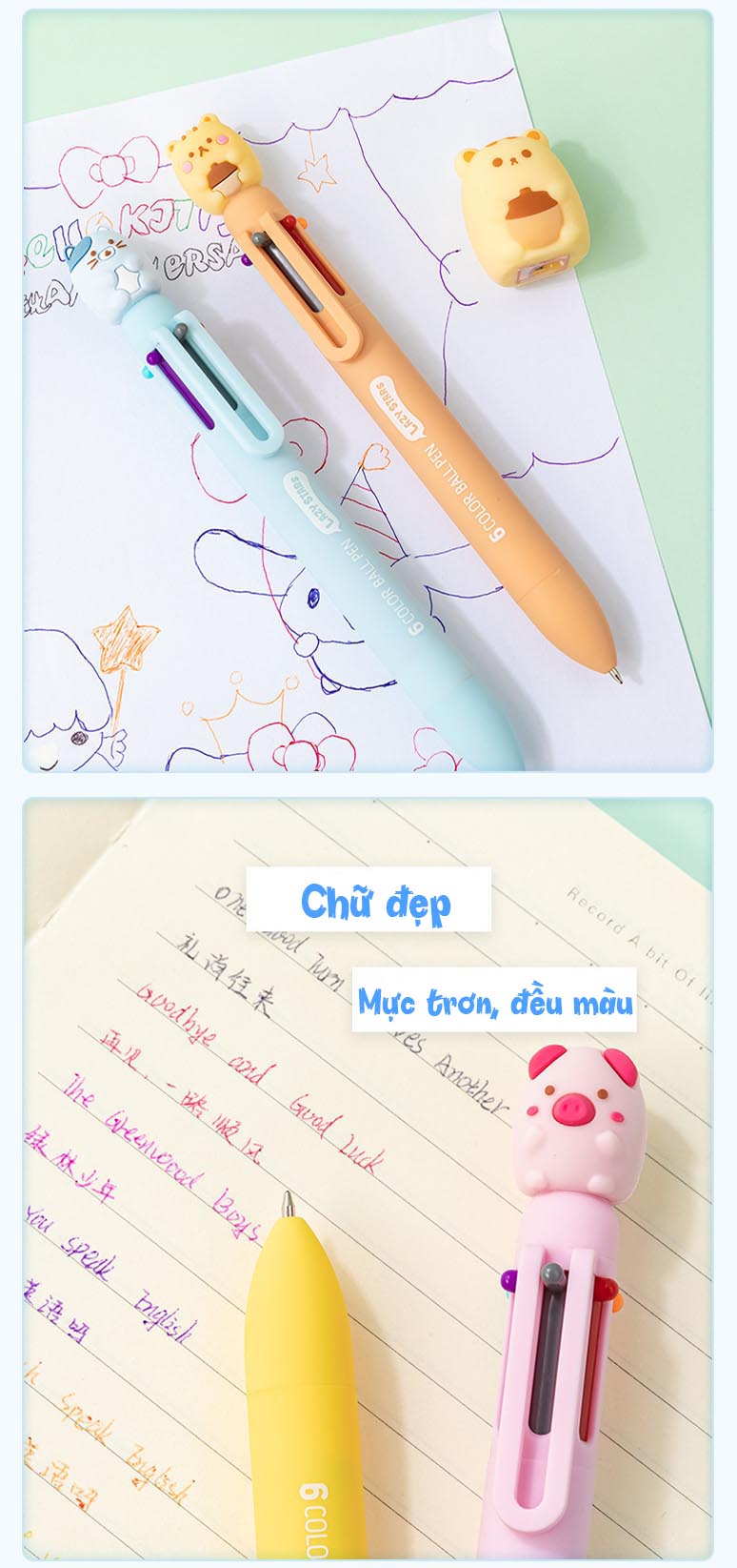Bút bi 6 màu nhân vật hoạt hình cute tiện lợi cho học sinh, sinh viên, người đi làm