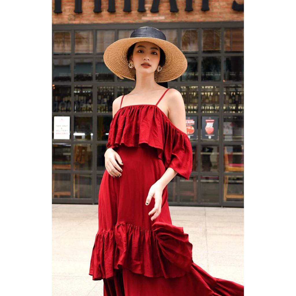 Đầm maxi đi biển hai dây, trễ vai, dáng xòe sang chảnh trắng đỏ bigsize váy đầm nữ đẹp đi biển giá rẻ