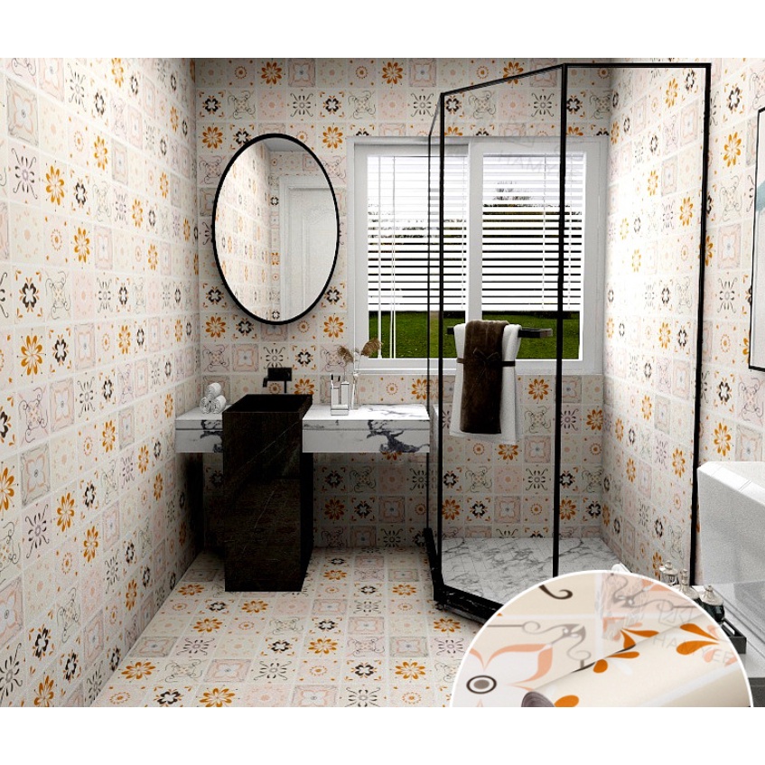 Decal Giấy Dán Nền Sàn Nhà Trang Trí Nhà Cửa GẠCH HOA NÂU HS2010 Có Keo Sẵn Khổ 60cm, GIÁ BÁN 1 MÉT DÀI