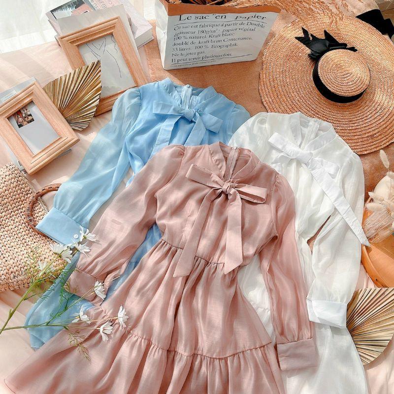 ĐẦM VOAN XOÈ TAY BO NƠ CỔ 3M: XANH, NUDE, TRẮNG DỊU DÀNG, DỄ THƯƠNG, XINH NHƯ CÔNG CHÚA