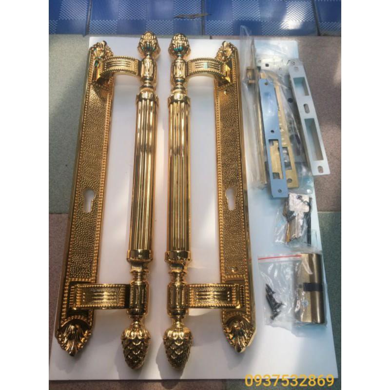 Khóa cửa gỗ kèm tay nắm đồng thau vàng 24k
