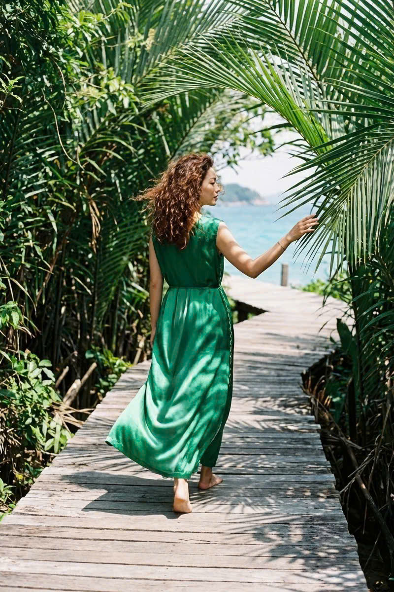 Đầm Maxi Lụa Tơ Tằm Thêu Tay Xanh Ngọc Phỉ Thuý DRE202 thời trang thiết kế Hity