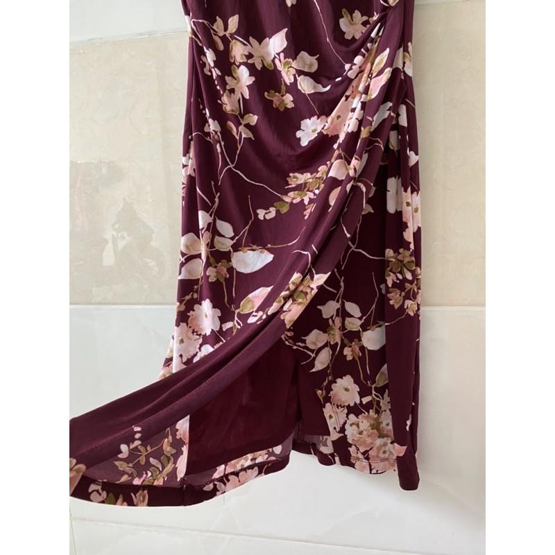 Size 6 Đầm vạt chéo nhún eo nâu hoa