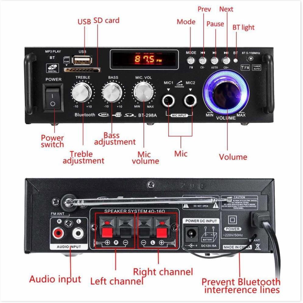 12V 220V BT-298A 2CH LCD Display Digital HIFI Audio Stereo Power Amplifier Bluetooth FM Radio Car Home 600W-Cao Cấp Loại