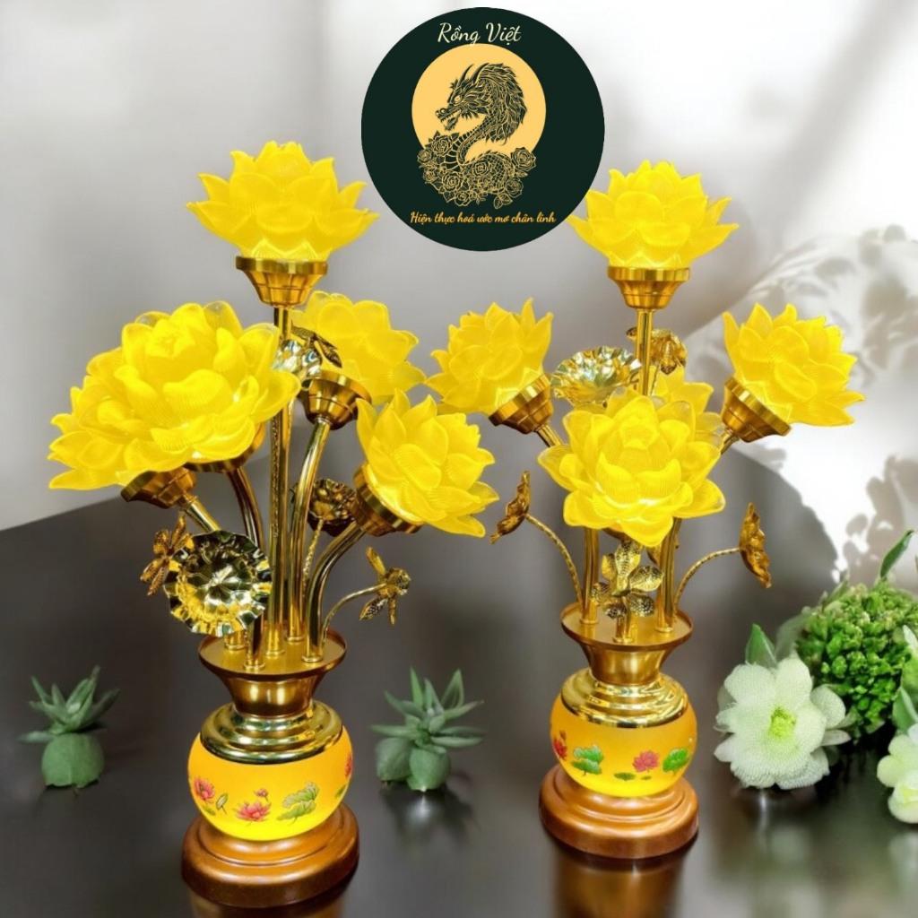 Cặp đèn thờ hoa sen lưu ly 5 bông cao cấp RỒNG VIỆT, Đèn thờ trang trí ánh sáng vàng