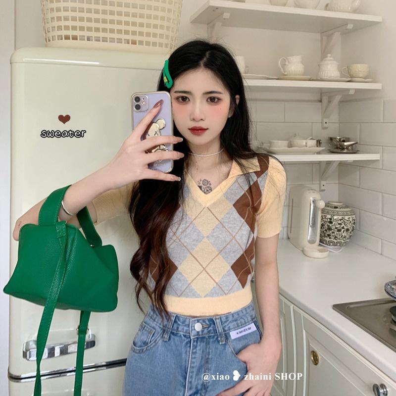 Hàng Sẵn_ Áo len crotop ngắn dệt kim họa tiết kim cương Hadu shop