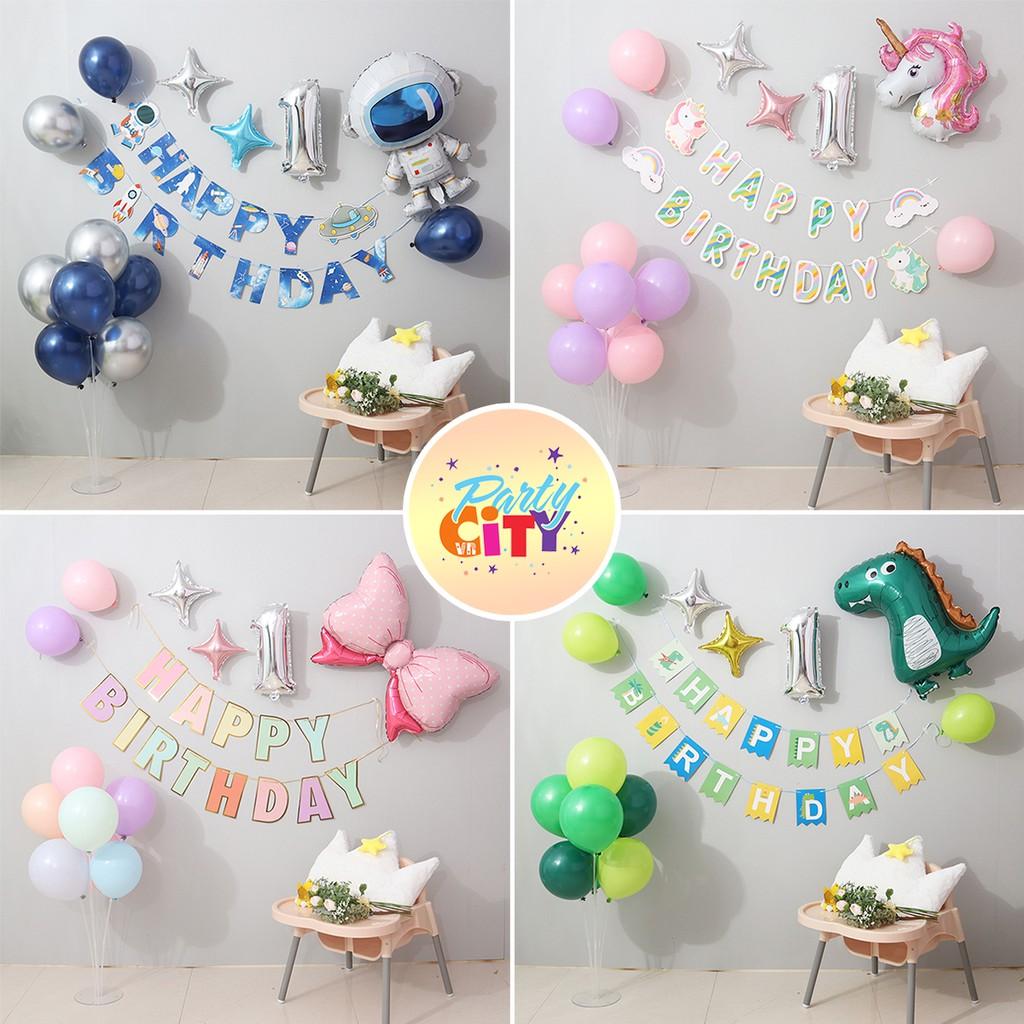 Set bóng sinh nhật cho bé trai bé gái chữ happy birthday chủ đề đáng yêu kèm phụ kiện trang trí sinh nhật tại nhà