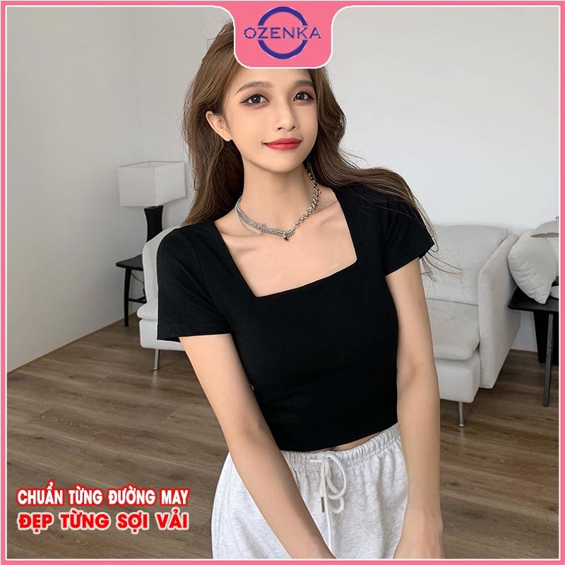 Áo croptop cổ vuông ngắn tay ôm nữ, áo crt hở rốn thun gân 100% cotton đẹp màu đen trắng dưới 50 cân