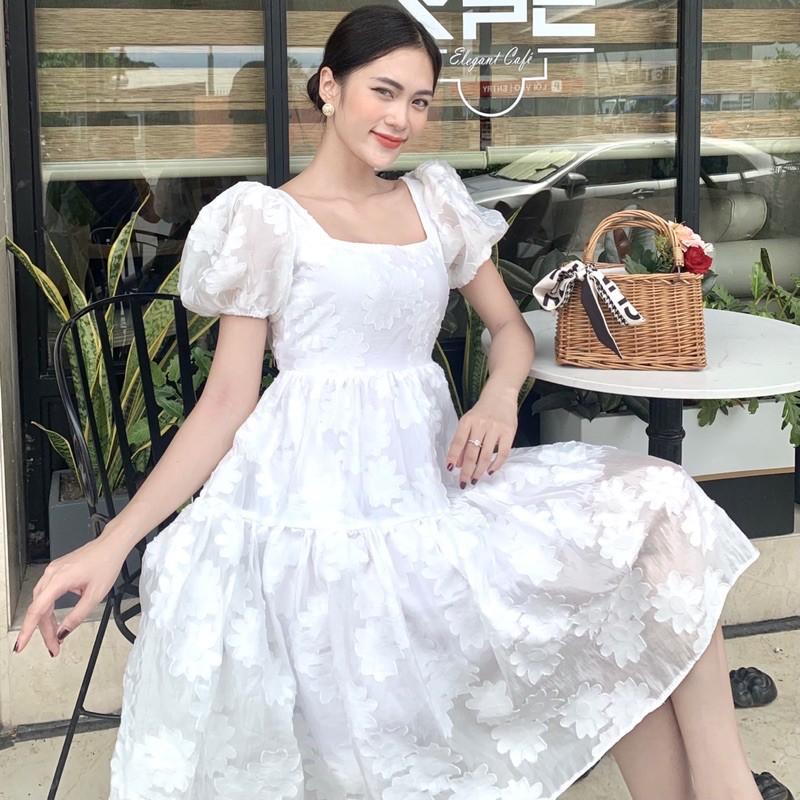 Đầm ulzzang dáng dài xoè trắng cutout lưng tay phồng - Audrey Studio