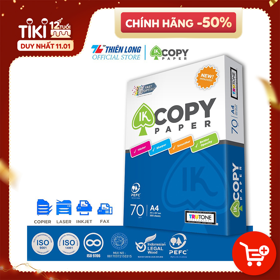 Giấy in photo A4 IK Copy IK-01 - Định lượng 70 gsm - 500 tờ/ream - giấy chất lượng cao nhập khẩu Indonesia