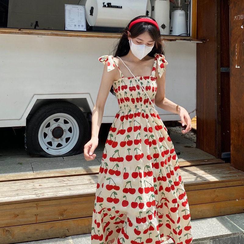 TOBE1SHOP Váy treo 2023 Sinh viên mùa hè Hundred Hiển thị Skinny Thời trang Pleated Dễ thương Cherry hoa đầm cô gái