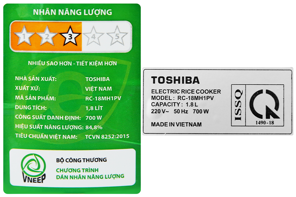 Nồi cơm điện Toshiba RC-18MH1PV(F) - 1.8 Lít - Nắp rời bằng thép không gỉ - Lòng nồi chống dính - Hàng chính hãng