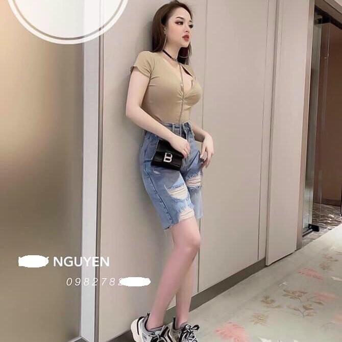 Quần short jean ngố phá cách thời trang cao cấp nữ King168 , quần jean nữ rách gối W63