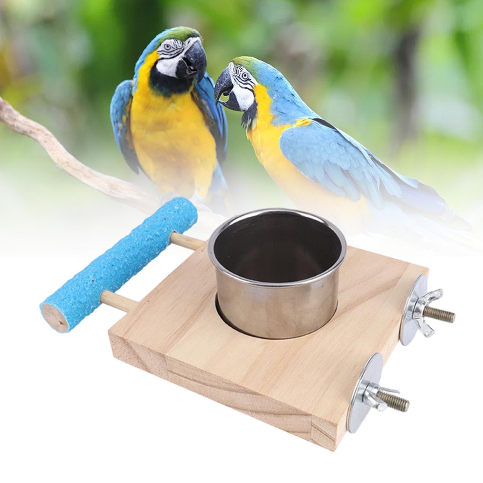 Parrot Cage Feeder Bird Wooden Stand Stainless Steel Cups Bird Cage Feeder Bowl Parrot Food and Water Bowls for Small Animal Budgie