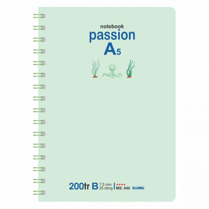 Sổ kẻ ngang lò xo kép Passion KLONG A5 200 trang 70/76; MS: 940