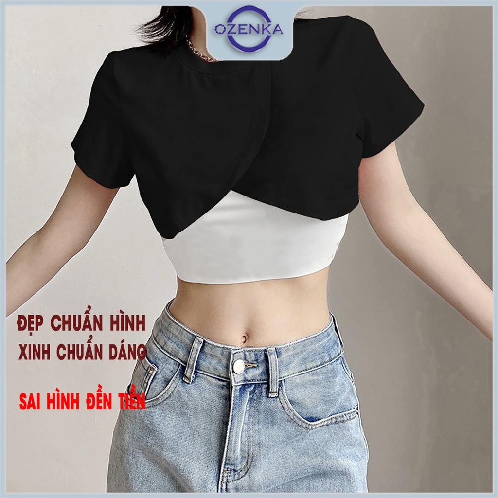 Áo croptop ngắn kiểu đắp chéo cộc tay nữ OZENKA , áo crt gợi cảm ulzzang cotton màu đen trắng dưới 55 cân