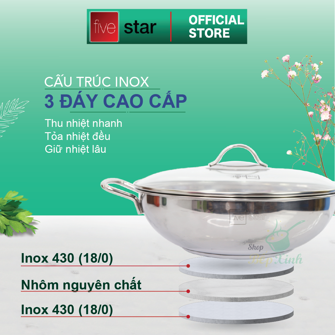 Chảo lẩu xào 3 đáy inox 430 cao cấp Fivestar Standard nắp kính FSCL32001 (32cm) W32-3DG , tặng 2 vá canh