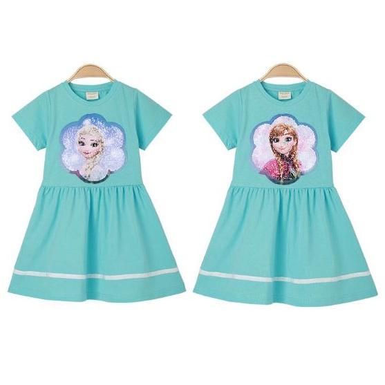 Đầm thun cotton mềm mát vuốt kim sa đổi màu ngựa pony hồng và elsa xanh cho bé gái