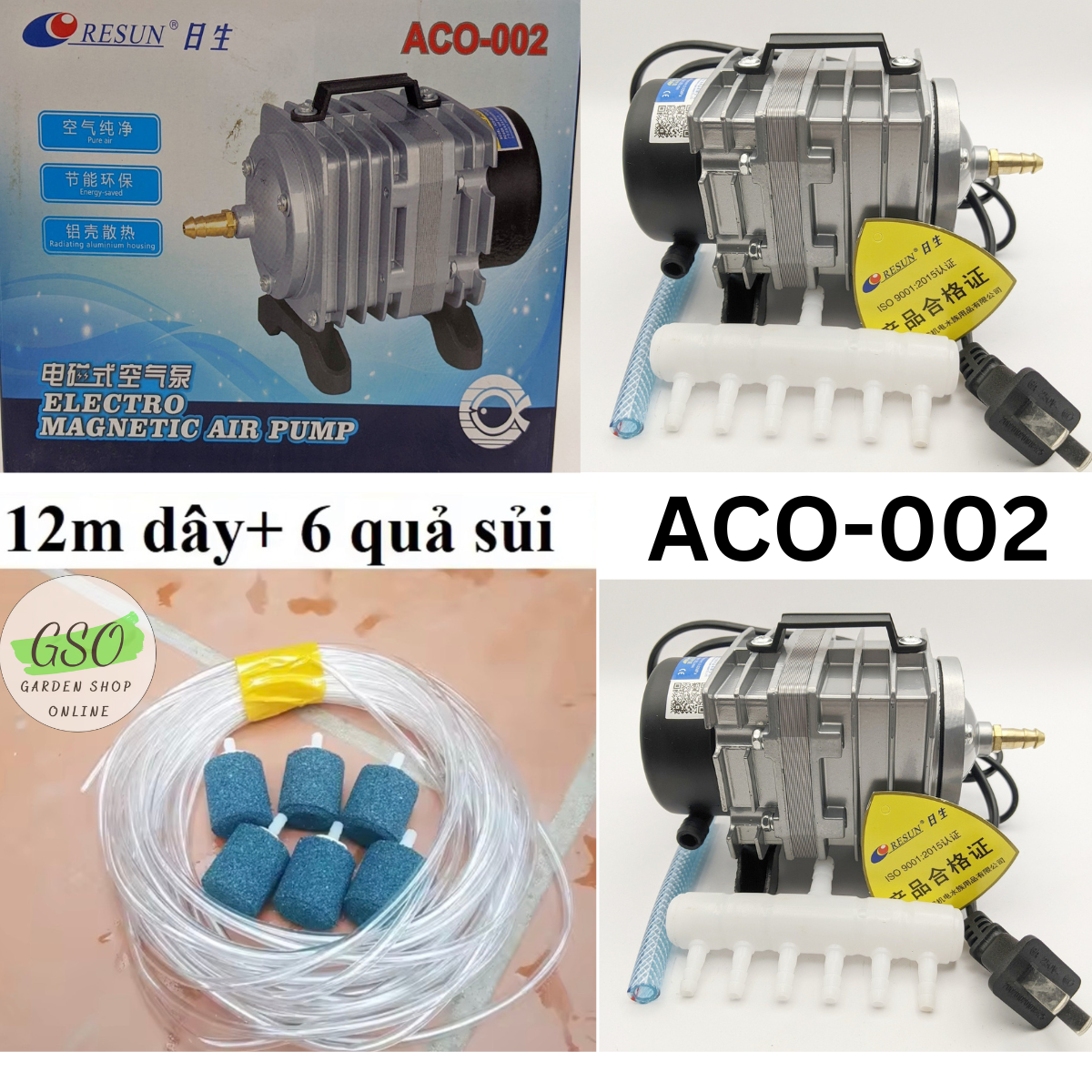 Máy bơm oxy - máy sủi công nghiệp cho cá cảnh hiệu ACO-002 tặng 6m dây oxy + 6 cục sủi