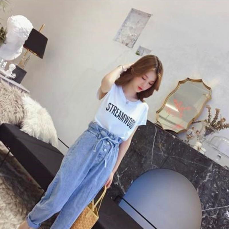 Quần jean dài ống rộng có dây rút thời trang cho nữ