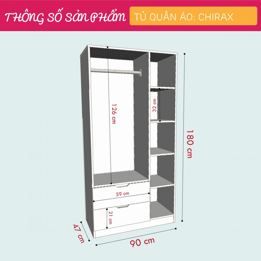 Tủ quần áo gỗ hiện đại SMLIFE Chirax | Gỗ MDF dày 17mm chống ẩm | D90xR47xC180cm