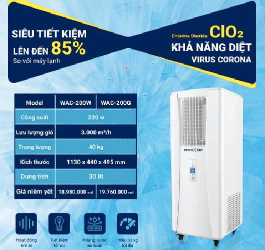 [MIỄN PHÍ VẬN CHUYỂN] Máy Lạnh Hơi Nước Di Động Cao Cấp MitsuXFan WAC-200W / WAC-200G, Diện tích 20-40m², Giảm đến 16°C, Siêu tiết kiệm đến 85% điện năng, Có khả năng diệt Virus, Giao toàn quốc - Hàng Chính Hãng