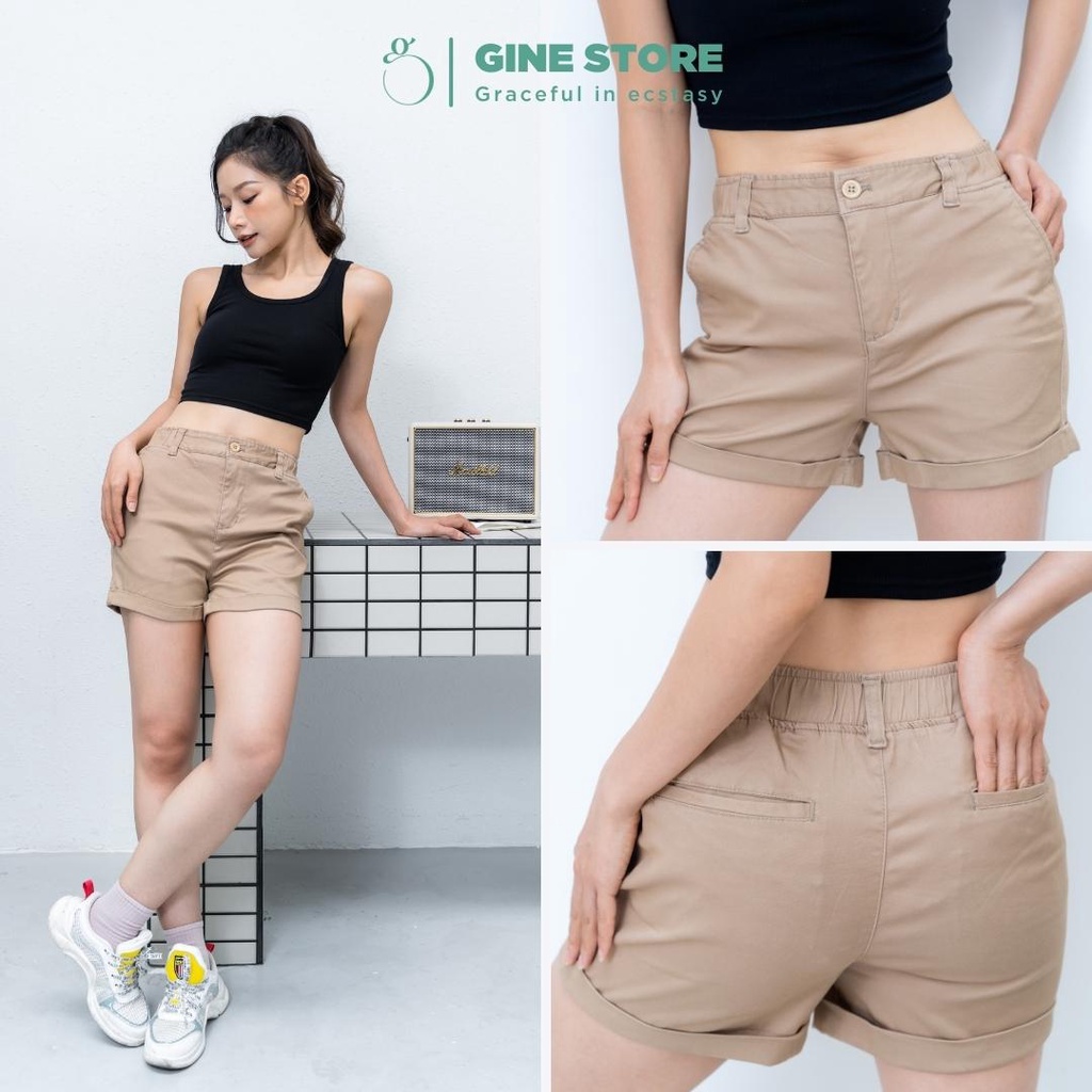 Quần short kaki nữ lưng thun BLOSS - Vải cotton kaki nhung mịn, co giãn phong cách Hàn Quốc GINE STORE