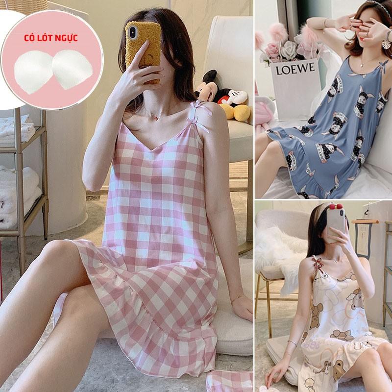 Váy ngủ 2 dây đầm thun mềm, Váy ngủ 2 dây đuôi xếp ly có đệm ngực (Tặng kèm bịt mắt)