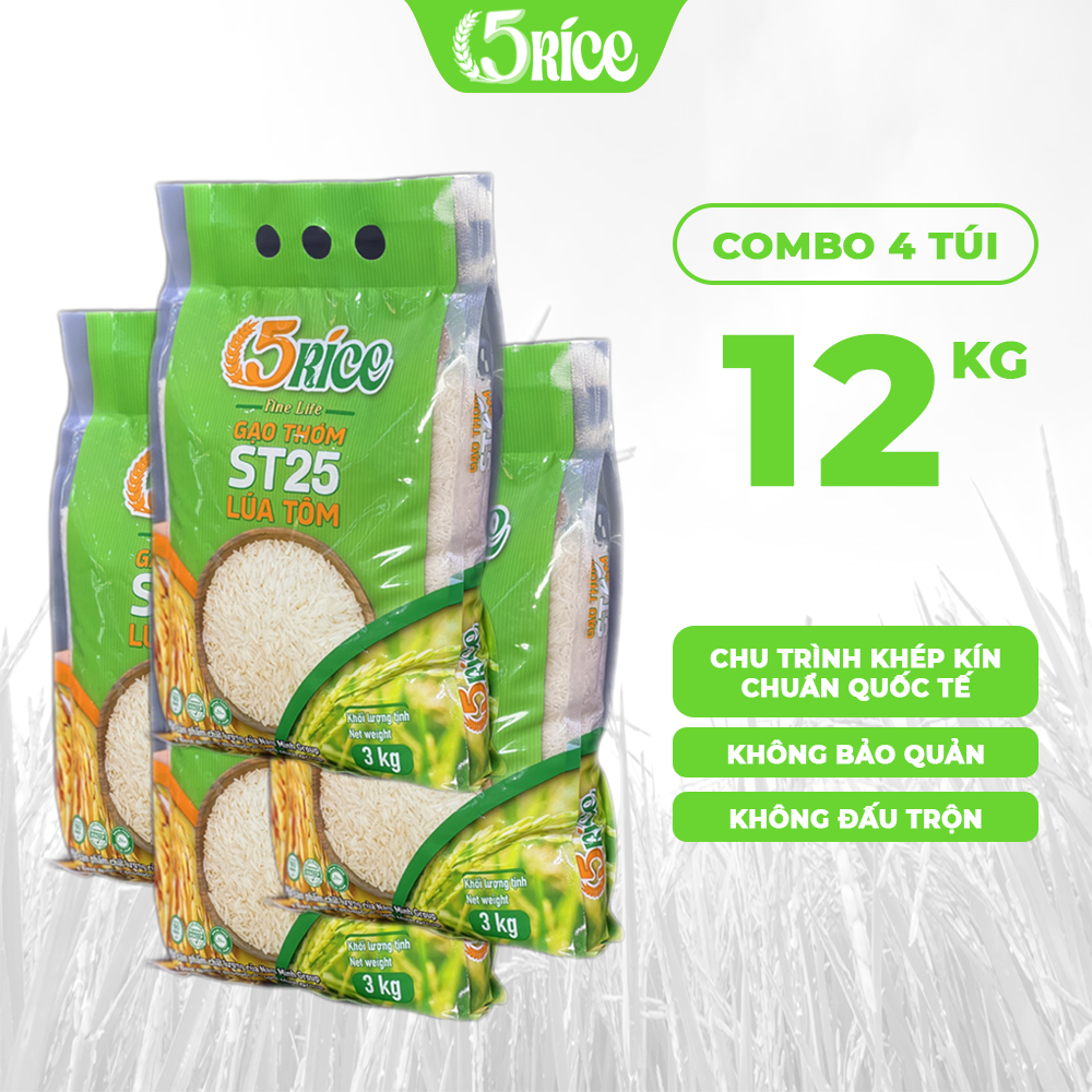 Gạo Lúa Tôm ST25 5RICE - Túi 3kg 6kg 12kg - Gạo thượng hạng thơm dẻo, đậm vị 5RICE