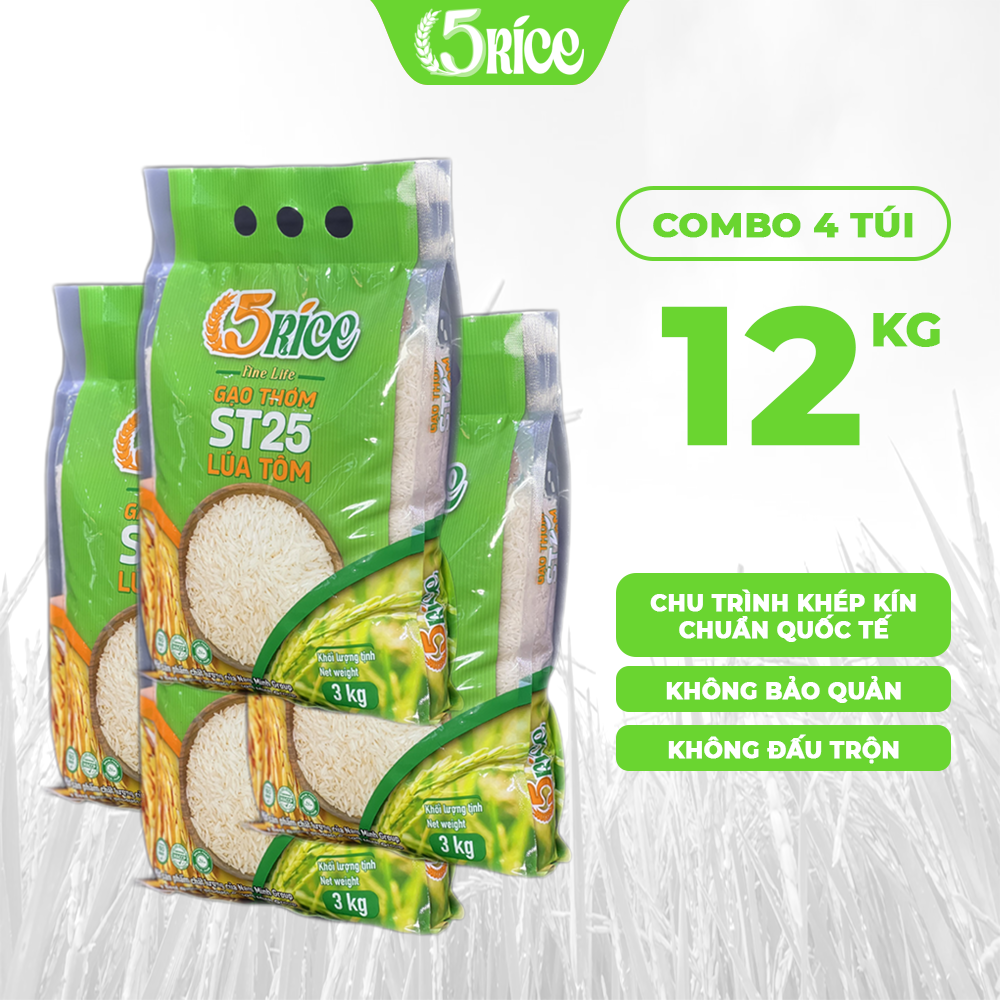 Gạo Lúa Tôm ST25 5RICE - Túi 12kg - Gạo thượng hạng thơm dẻo, đậm vị 5RICE